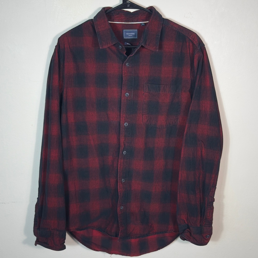 7 Diamonds Mens Large Corduroy Plaid Button Up Shirt Red Black - Picture 1 of 7